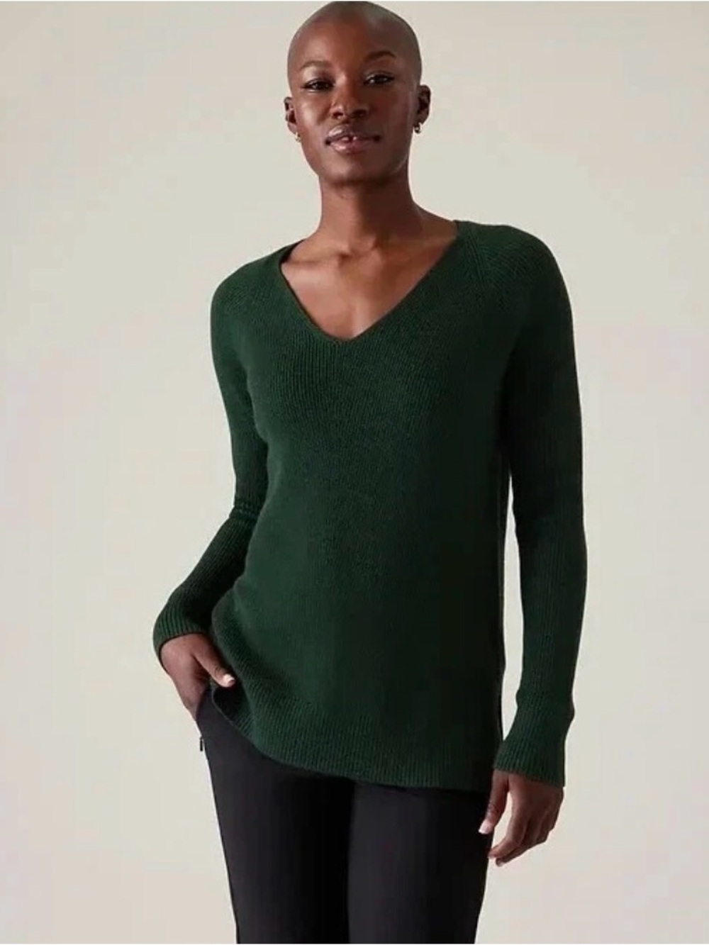 Athleta Deep Green V-Neck Knit Sweater